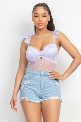 Hot Girl Sweetheart Neck Cami Ruffled Shoulder Mesh Bodysuit In Lavender