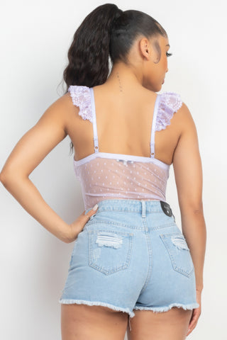 Hot Girl Sweetheart Neck Cami Ruffled Shoulder Mesh Bodysuit In Lavender