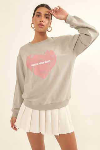 Hot Girl Vintage Follow Your Heart Heart French Terry Knit Sweatshirt - Hot Girl Apparel