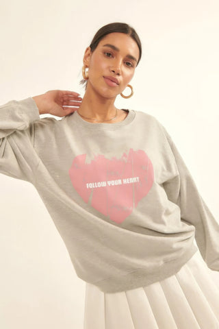 Hot Girl Vintage Follow Your Heart Heart French Terry Knit Sweatshirt - Hot Girl Apparel