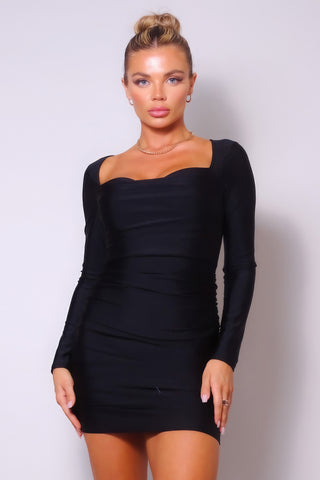 Hot Girl Sylvia Sweetheart Pleated Long Sleeve Mini Dress In Black