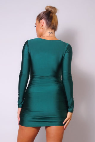 Hot Girl Sylvia Sweetheart Pleated Long Sleeve Mini Dress In Hunter Green