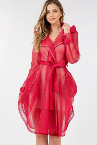 Hot Girl Marseille Tie Waist Mesh Coat In Red - Hot Girl Apparel