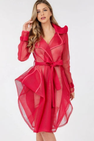 Hot Girl Marseille Tie Waist Mesh Coat In Red - Hot Girl Apparel