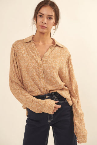 Hot Girl Second Summer Collared Neckline Floral Long Sleeve Shirt In Caramel