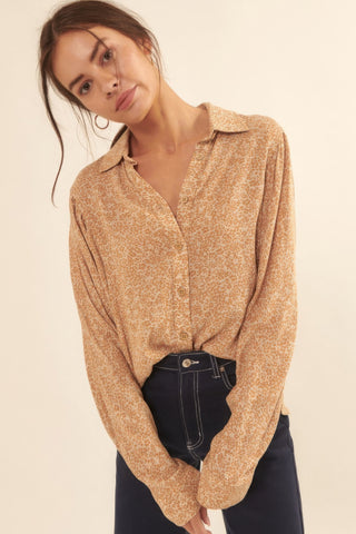 Hot Girl Second Summer Collared Neckline Floral Long Sleeve Shirt In Caramel