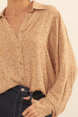 Hot Girl Second Summer Collared Neckline Floral Long Sleeve Shirt In Caramel