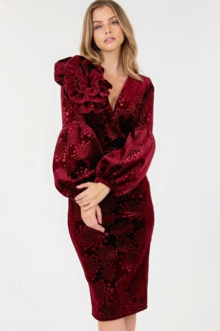 Hot Girl Flower Patch Flocked Velvet Fitted Midi Dress With Puff Sleeves In Deep Wine - Hot Girl Apparel