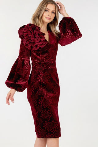 Hot Girl Flower Patch Flocked Velvet Fitted Midi Dress With Puff Sleeves In Deep Wine - Hot Girl Apparel