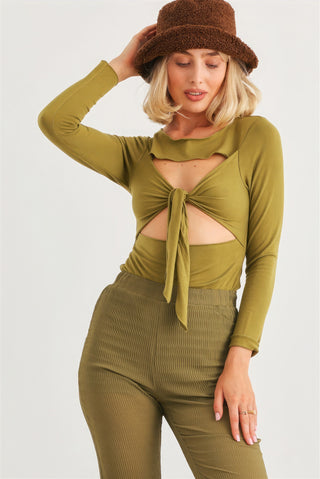 Hot Girl Cut-Out Tie Knit Long Sleeve Bodysuit In Moss Green - Hot Girl Apparel