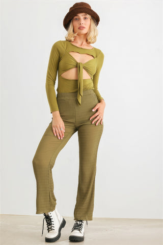 Hot Girl Cut-Out Tie Knit Long Sleeve Bodysuit In Moss Green - Hot Girl Apparel