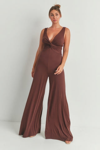 Hot Girl Twisted Wide Leg Jumpsuit In Chocolate - Hot Girl Apparel