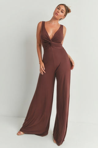 Hot Girl Twisted Wide Leg Jumpsuit In Chocolate - Hot Girl Apparel