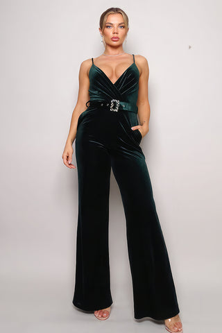 Hot Girl Samba Rhinestone Belt Velvet Jumpsuit In Hunter Green - Hot Girl Apparel