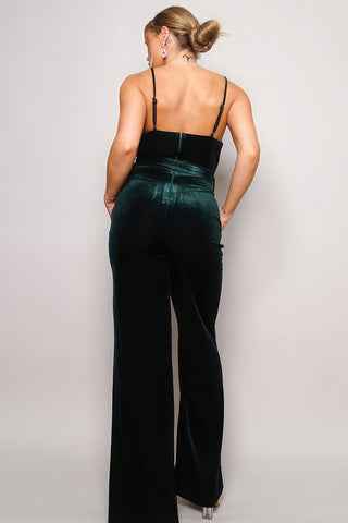 Hot Girl Samba Rhinestone Belt Velvet Jumpsuit In Hunter Green - Hot Girl Apparel