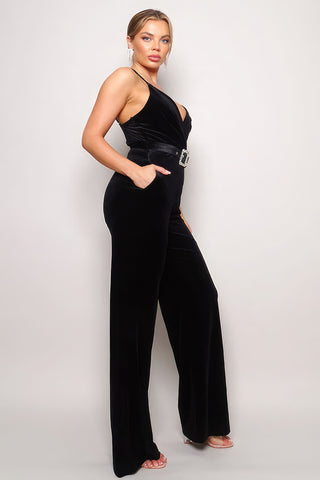 Hot Girl Samba Rhinestone Belt Velvet Jumpsuit In Black - Hot Girl Apparel