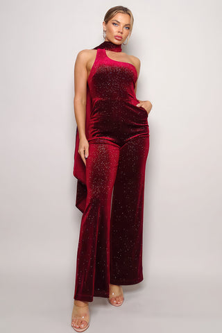 Hot Girl Scarf Top Glitter Velvet Jumpsuit In Burgundy