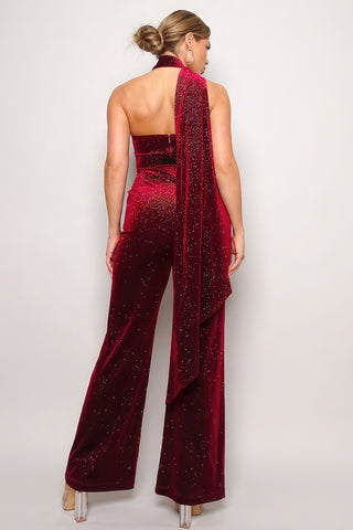 Hot Girl Scarf Top Glitter Velvet Jumpsuit In Burgundy