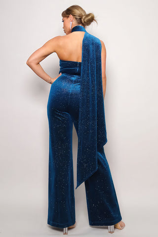 Hot Girl Scarf Top Glitter Velvet Jumpsuit In Peacock Blue - Hot Girl Apparel