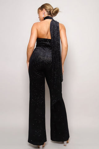 Hot Girl Scarf Top Glitter Velvet Jumpsuit In Black - Hot Girl Apparel