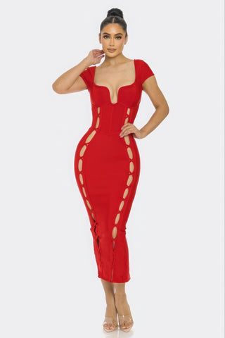 Hot Girl Pure Plunge Side Cutout Midi Bandage Dress In Red