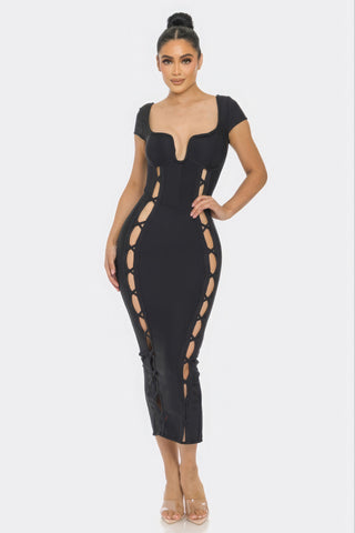 Hot Girl Pure Plunge Side Cutout Midi Bandage Dress In Black