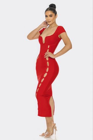 Hot Girl Pure Plunge Side Cutout Midi Bandage Dress In Red - Hot Girl Apparel