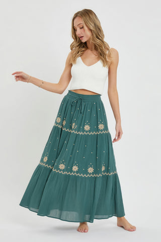 Hot Girl Boho Embroidered Cotton Maxi Skirt In Jade