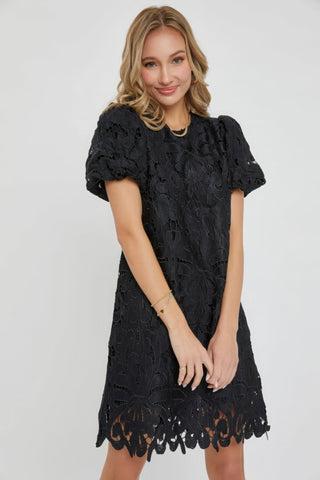 Hot Girl Puff Sleeve Crochet Lace Mini Dress In Black