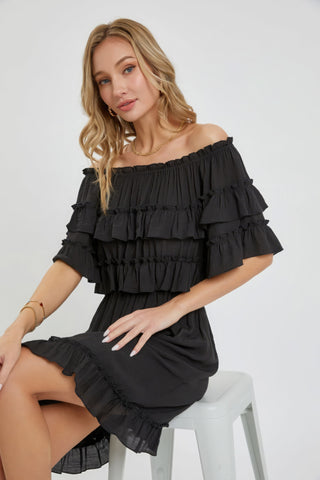 Hot Girl Off Shoulder Boho Ruffle Mini Dress In Bliss Black