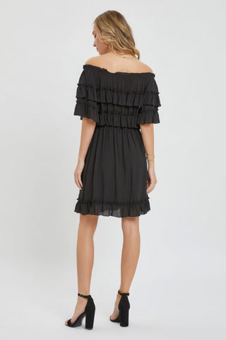 Hot Girl Off Shoulder Boho Ruffle Mini Dress In Bliss Black