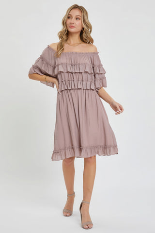 Hot Girl Off Shoulder Boho Ruffle Mini Dress In Mystic Mauve