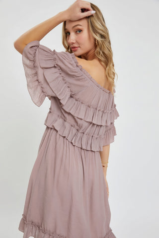 Hot Girl Off Shoulder Boho Ruffle Mini Dress In Mystic Mauve