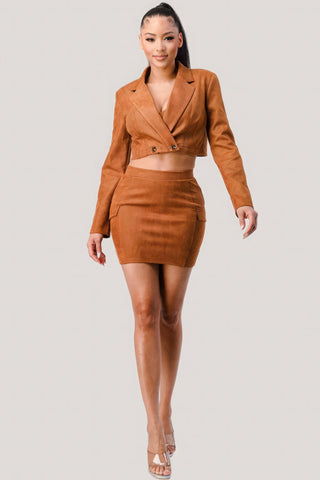 Hot Girl Bralette With Cropped Blazer Jacket & Mini Skirt 3 Piece Set In Camel - Hot Girl Apparel