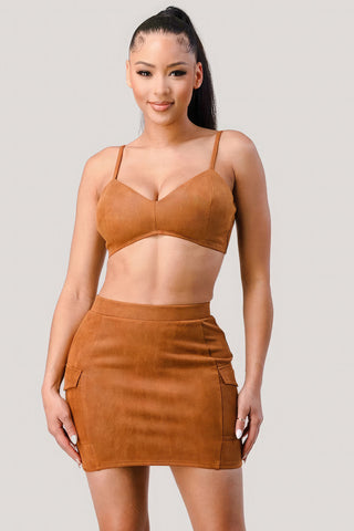 Hot Girl Bralette With Cropped Blazer Jacket & Mini Skirt 3 Piece Set In Camel - Hot Girl Apparel