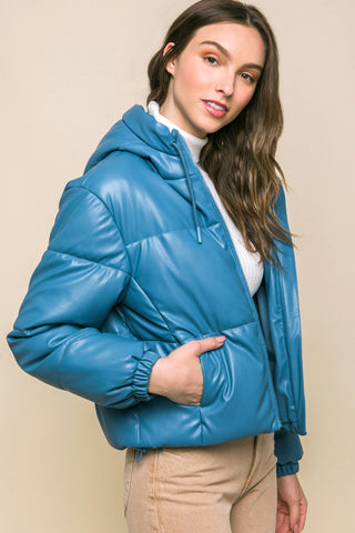 Hot Girl Faux Leather Zipper Hooded Puffer Jacket In Azure