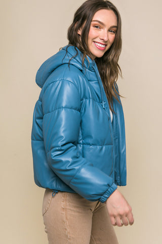 Hot Girl Faux Leather Zipper Hooded Puffer Jacket In Azure