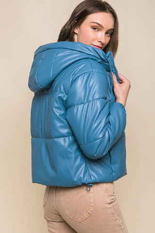 Hot Girl Faux Leather Zipper Hooded Puffer Jacket In Azure