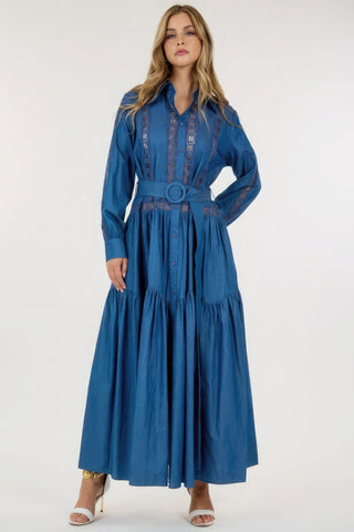 Hot Girl Long Sleeve Linen Maxi Dress In Denim Blue