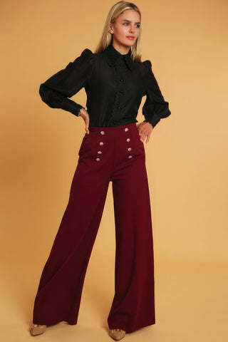 Hot Girl Navy Button High Waisted Wide Leg Pants In Pomegranate Red