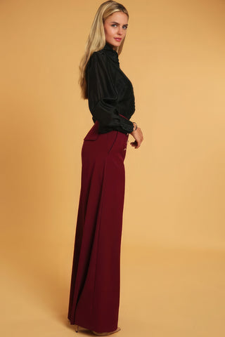 Hot Girl Navy Button High Waisted Wide Leg Pants In Pomegranate Red