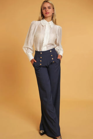 Hot Girl Navy Button High Waisted Wide Leg Pants In Denim Blue