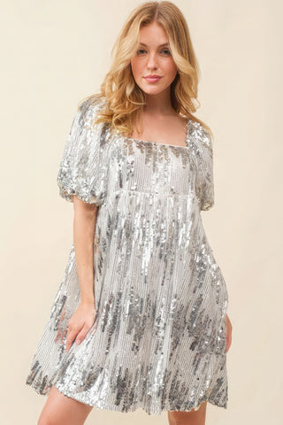 Hot Girl Sequin Babydoll Mini Dress In Silver