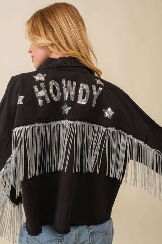 Hot Girl Howdy Sequin Fringe Star Western Jacket In Black - Hot Girl Apparel