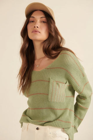 Hot Girl Striped Ribbed Knit Oversized Pocket Sweater