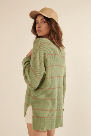 Hot Girl Striped Ribbed Knit Oversized Pocket Sweater