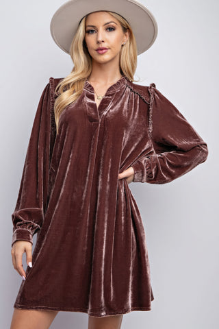 Hot Girl Boho Ruffled Velvet Long Sleeve Pocketed Mini Dress In Deep Mauve