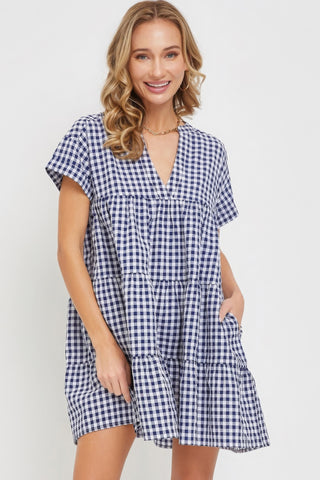 Hot Girl Cotton Blend Bodydoll Gingham Mini Dress In Navy