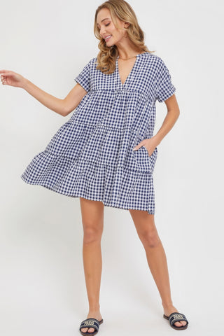 Hot Girl Cotton Blend Bodydoll Gingham Mini Dress In Navy