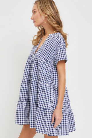 Hot Girl Cotton Blend Bodydoll Gingham Mini Dress In Navy